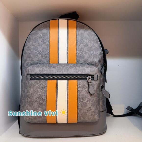 NWT Coach Cv922 West Backpack Signature Canvas Varsity Stripe Grey/Ochre/Chalk - Picture 1 of 9